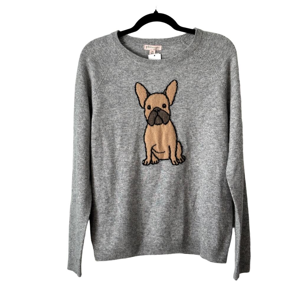 SOLD- Philosophy Cashmere French Bulldog Sweater, Heather Gray Women's size Lg